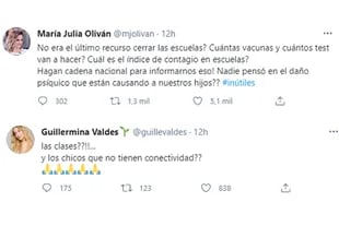 María Julia Oliván y Guillermina Valdes también alzaron la voz por la suspensión de clases presenciales