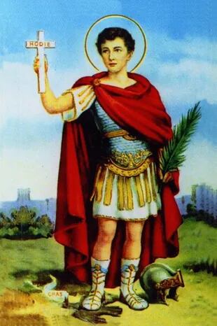 La representación del santo es la de un soldado romano con una cruz en una mano y un cuervo bajo su pie derecho