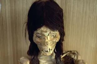 Las momias tienen cabelleras negras espesas pegadas en la cabeza