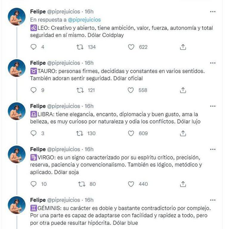 Al menos hay 12 tipos de dólares hoy en la Argentina y eso fue aprovechado por el tuitero Felipe para armar su horóscopo relacionado al billete estadounidense