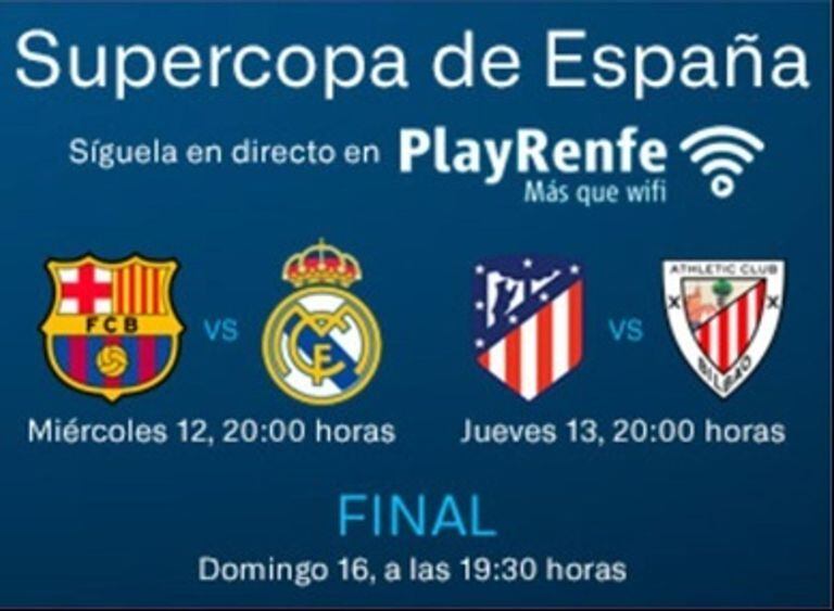 12-01-2022 Renfe retransmitirá la Supercopa de España de fútbol en los trenes AVE y Avlo..  El 12, 13 y 16 de enero emitirá los partidos del torneo en Arabia Saudí en el Canal Live de la aplicación 'PlayRenfe'  ESPAÑA EUROPA MADRID DEPORTES RENFE