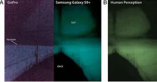 Fotografía digital del mar lechoso de Java de 2019, capturada por la tripulación de Ganesha, que muestra una vista de (A) la proa del barco y (B) una versión con ajuste de color de la foto de Samsung que se aproxima a la percepción visual del resplandor