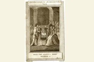 El legendario encuentro entre las dos reinas, imaginado años después en una ilustración de la Anthologia Hibernica, vol. 11, 1793