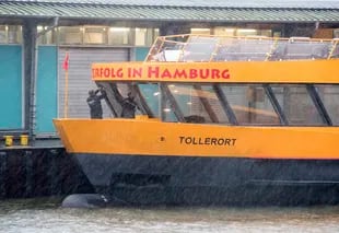 Reparaciones del ferry Tollerort luego de que sufriera el impacto de una ola en Hamburgo, Alemania. (Daniel Bockwoldt/dpa via AP)