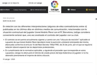 El comunicado de LaLiga en el que respalda la postura de Barcelona