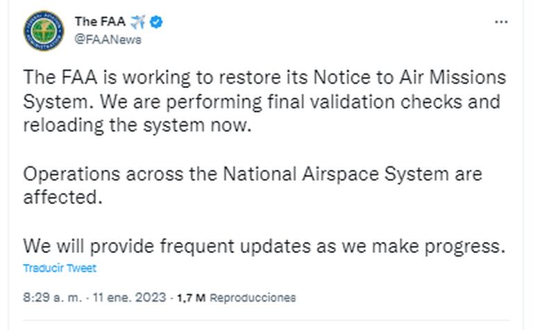 El mensaje en Twitter de la Administración Federal de Aviación (FAA), donde anunció la falla en su sistema