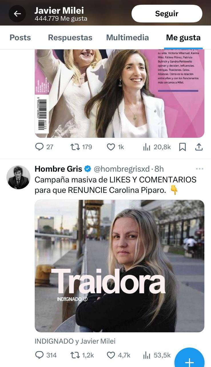 El tuit de Javier Milei apoyando el pedido de renuncia de Carolina Píparo