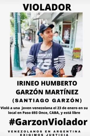 Afiche en el que se señala al comerciante Irineo Garzón, acusado de drogar a una chica venezolana y abusar de ella en un local de venta de uniformes médicos de Balvanera