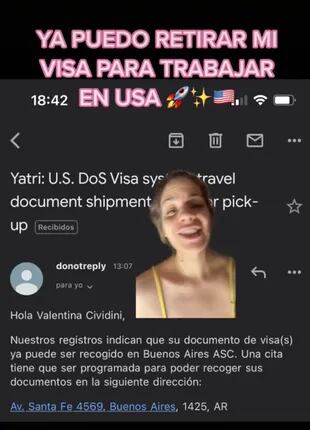 Valentina compartió qué tipo de visa tramitó para llegar a Estados Unidos