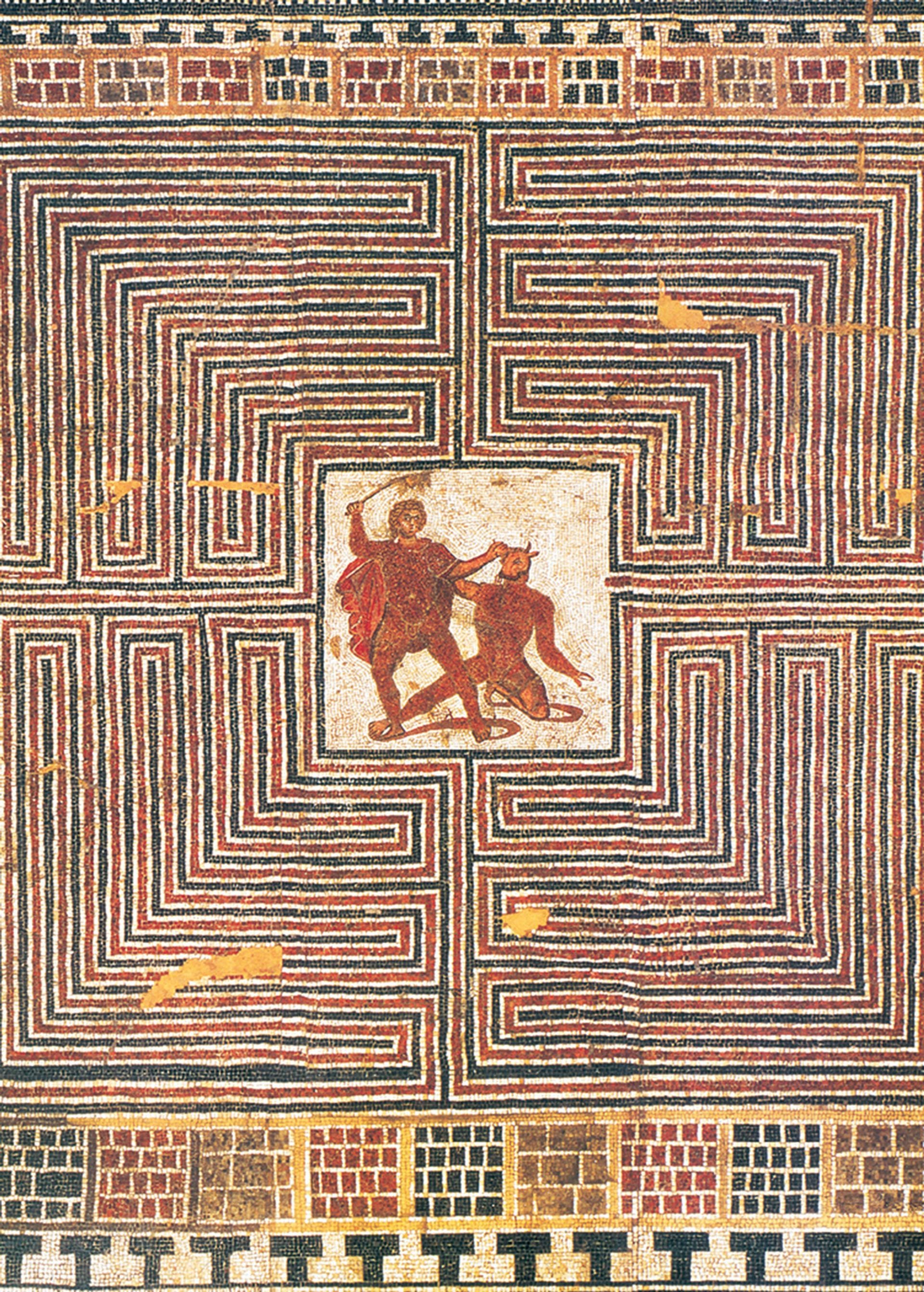 Mosaico romano que representa la lucha entre Teseo y el Minotauro; proviene de la villa romana de Loigersfelder, Austria.