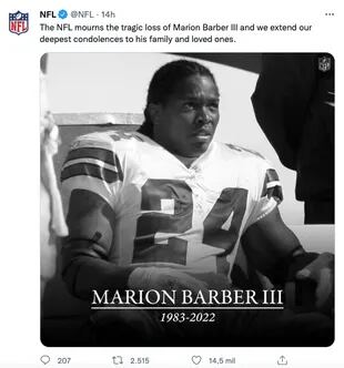 La NFL lamentó el fallecimiento del exjugador de los Cowboys, Marion Barber, quien fue hallado en su departamento por la policía
