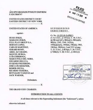La carátula del juicio que se sigue en Estados Unidos contra dirigentes de la FIFA y de las empresas televisivas