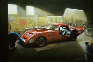 “El Trueno en silencio”. El Fast-Chevrolet, que pasó a la fama como el Trueno Naranja, con el que Carlos Pairetti logró la corona de TC en 1968. Acrílico sobre tela (100 x 60 centímetros).