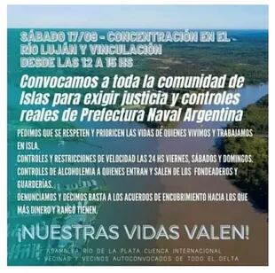 Vecinos de la isla están difundiendo un flyer de convocatoria para manifestarte en Vinculación y Río Luján