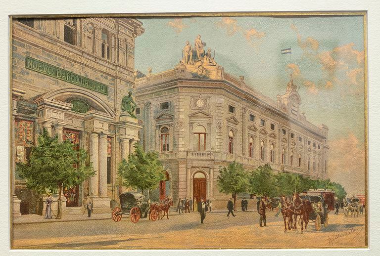 Allá lejos en el siglo XIX, nacía el Banco de la Nación Argentina; esta acuarela de Ángel Della Valle, "El nuevo banco italiano", integra el patrimonio de la institución