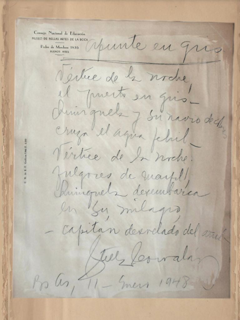 Quinquela y su navío de colores / cruza el agua febril, dice en "Apunte en gris" la poeta chilena Stella Corvalán, 1948