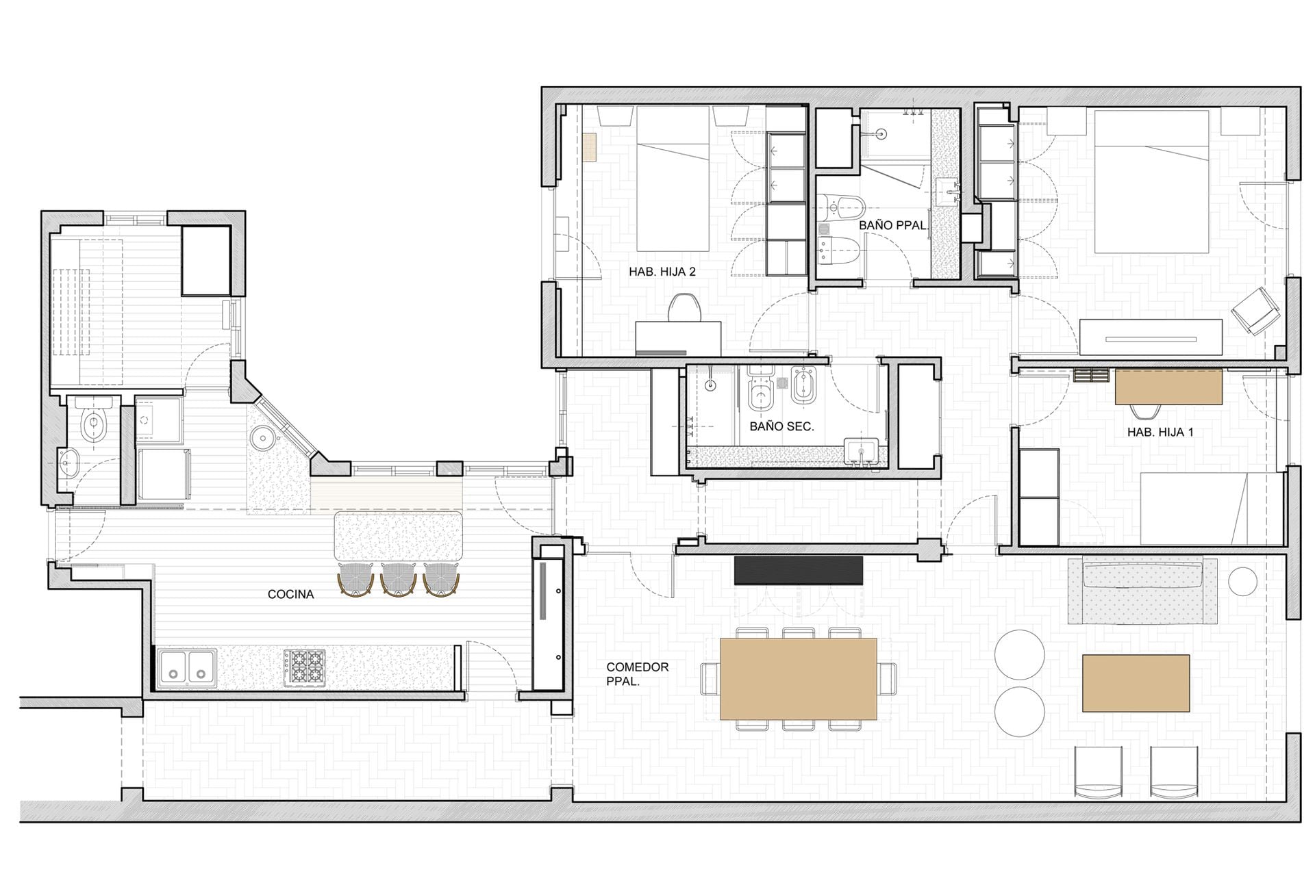 The complete floor plan of a tailor-made reform: the kitchen as a compact and functional unit, the social environment renovated and the rooms with the redesigned bathrooms. 
