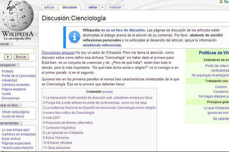 Así se ve la página de discusión del artículo "Cienciología" en la Wikipedia en español