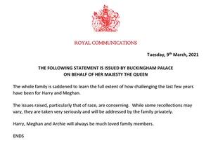 El comunicado que publicó la Casa Real para contestar las afirmaciones de
los duques de Sussex en la entrevista con la cadena CBS.