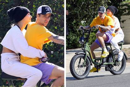Ley del menor esfuerzo: Justin Bieber llevó a su esposa Hailey a desayunar bien temprano a la mañana, en Los Angeles, a bordo de una bicicleta motorizada