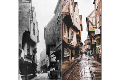 Una icónica calle de York, Reino Unido, que sirvió como inspiración para el callejón Diagon de Harry Potter. Finales de 1800 a la actualidad