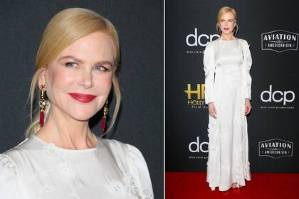 Nicole Kidman eligió un atuendo en tono hueso, y aportó accesorios en colorado 