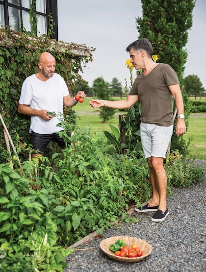 Apenas terminaron con la construcción, el diseñador y Charly le dieron forma a la huerta, donde cosechan sus propios tomates