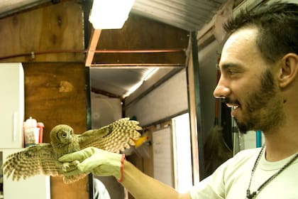 Manuel Encabo, del Centro de Rescate de Fauna Silvestre, en una prueba de vuelo de un alicucú
