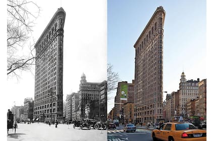 The Flatiron Building, Nueva York, en 1917 y 2012, respectivamente