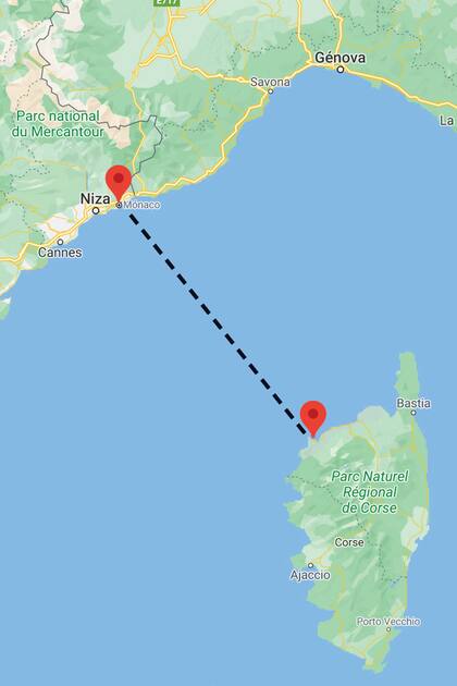 El mapa de la travesía, los 180 kilómetros que separan Calvi de Mónaco