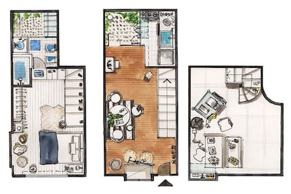 De izq. a der.: dormitorio y baño en primer piso; living-comedor, cocina y patio en planta baja, de 3,5x8m; taller en el sótano.