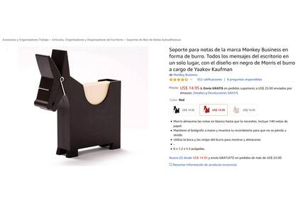 El taco de papeles, con forma de burro, tiene la firma del diseñador industrial israelí Yaakov Kaufman, a la que bautizó “Morris memo”. Su precio es 14,95 dólares.