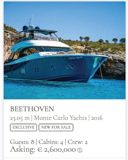 El aviso de venta del Beethoven, el barco que Nadal compró “cero kilómetro” en 2016, de 23,6 metros de eslora, aparece publicado en el sitio de la agencia CamperNicholson.