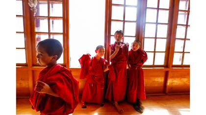 Jóvenes monjes en su escuela dentro del monasterio de Thiksey en Ladakh, India