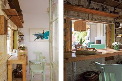 Bandeja con tazas de cerámica (Yagüe). Un par de sillas de bar se pintaron de verde agua para darles frescura.