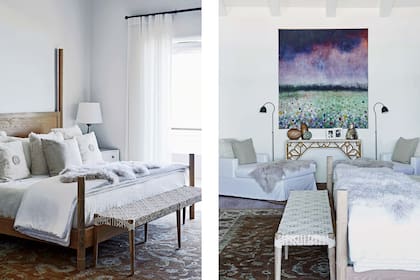 La cama, creada por Kim, se complementó con una banqueta con tientos de cuero tejidos a mano y un cuadro de Alexia Vogel.