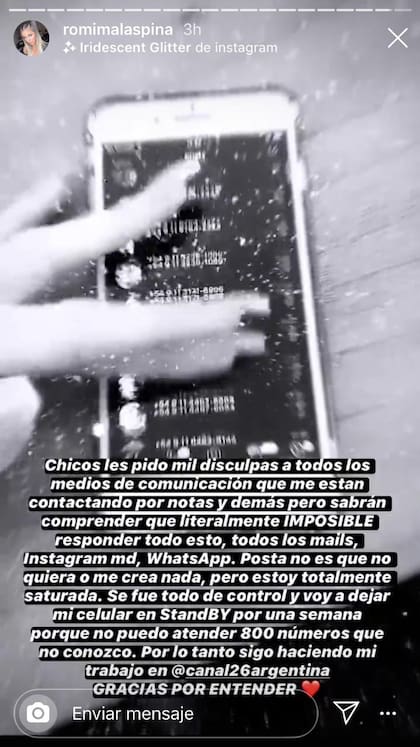 El pedido de disculpas de Romina Malaspina en sus historias de Instagram por no poder atender lo cientos de solicitudes de prensa recibidas el día de hoy.