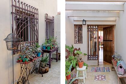 Una jaula y una mesa que se armó con la clásica estructura de máquina de coser, pero para sostener plantas ahora.