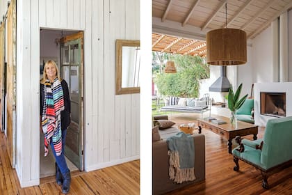 Sobre el sofá, manta celeste tejida a mano en puro algodón.