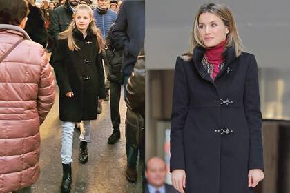 A principios de año descubrimos a Leonor caminando por Madrid con un abrigo de lana virgen, con cierre de ganchos, de Fay. Su madre ya lo usaba antes de ser reina.