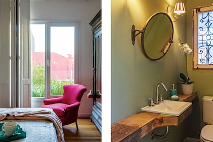 Sobre la cama, manta tejida a mano en telar en puro algodón (Elementos Argentinos) y una bandeja con una taza de café (Salmón Tienda)