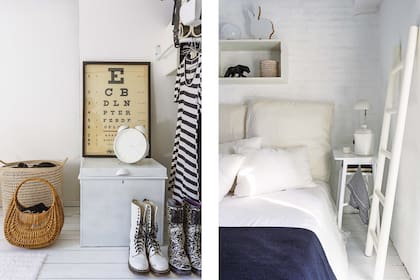 Dos grandes almohadones dan respaldo a la cama baja con sábanas blancas y pie de cama en contrastante negro (Editor Market). 