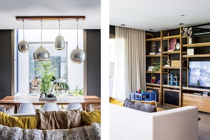 En el comedor diario, un twist para usar cuatro lámparas de chapa acanalada (Rapsodia Home): se montaron en una tabla de petiribí. En la iluminación general se usaron artefactos empotrados de haces concentrados.