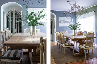 Para sectorizarlo, el comedor se pintó con ‘Functional Gray 7024’ (Sherwin Williams). Lámpara (Philippa Deco Boutique), cuadro de Marta Rodríguez Salimei, florero (Ambardeco), fundas (Casa Málaga), alfombra (Mihran), cortinas de algodón pañalero (Sofía Portela).