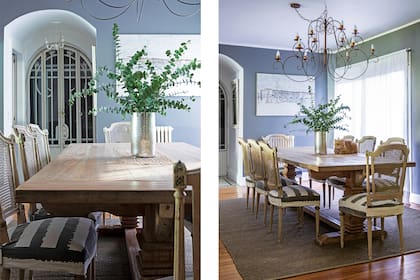 Para sectorizarlo, el comedor se pintó con ‘Functional Gray 7024’ (Sherwin Williams). Lámpara (Philippa Deco Boutique), cuadro de Marta Rodríguez Salimei, florero (Ambardeco), fundas (Casa Málaga), alfombra (Mihran), cortinas de algodón pañalero (Sofía Portela).