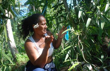 Mujer con una tiare, flor típica de la Polinesia, detrás de su oreja.