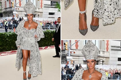 Rihanna con su look de Maison Margiela, y la Mitra hecha por Stephen Jones