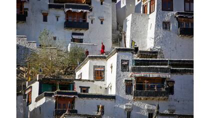 Monjes jóvenes toman un descanso de sus estudios dentro del monasterio de Thiksey en Ladakh, India
