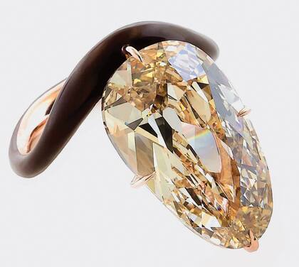 La pieza está diseñada por James de Givenchy para la joyería Taffin y compuesta por un gran diamante marrón claro, en forma de pera, de once quilates, engarzado a una banda oscura. Su precio rondaría los 445 mil dólares.