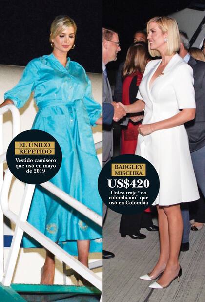 Izquierda: aterrizó en Jujuy con un vestido camisero de Acheval Pampa, la marca de la argentina Sofía De Achával, Lucila Sperber, Delfina Blaquier y Nacho Figueras. Su precio online es de 745 dólares.Derecha: en Colombia, mostró cuatro trajes, tres de ellos, colombianos.